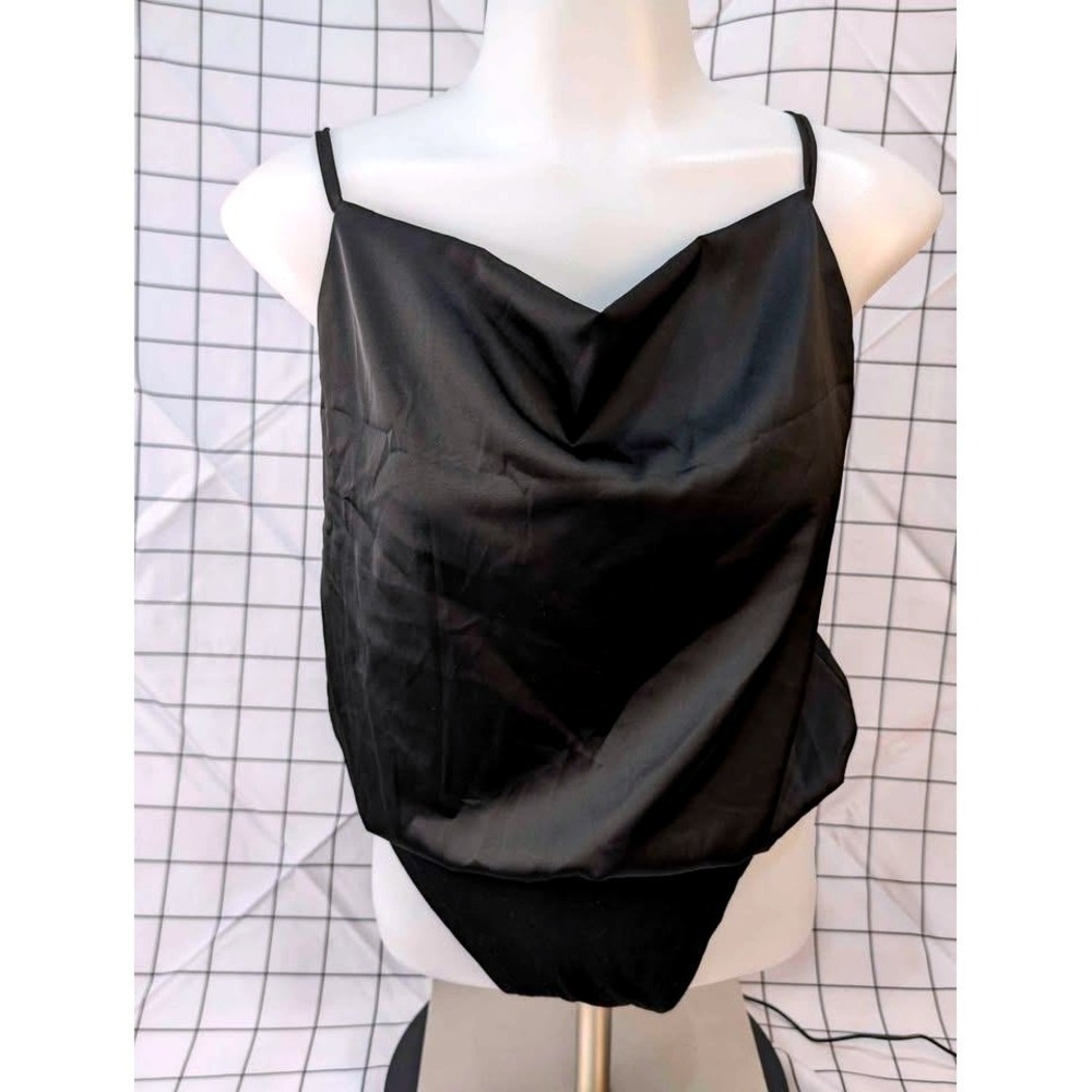 Beyove ~ Black‎ Satin Cowl Neck Bodysuit ~ Adjustable Straps ~ Women's Small